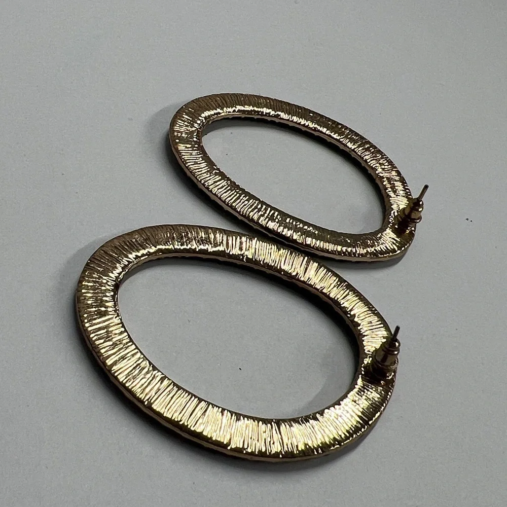 Large Oval Goldtone Navy Blue Crystal Encrusted Pierced Earrings